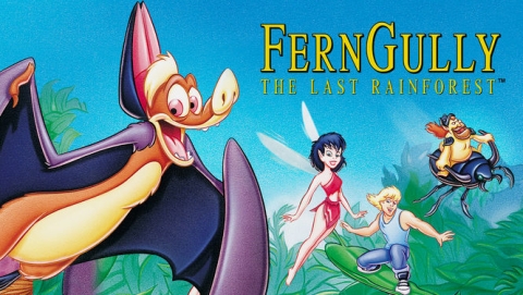 Image of ferngully cover art, includes a bat and fairies