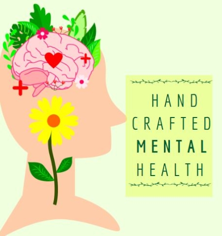 Phot of a head with flowers, plants, and brain visible, with the words "hand crafted menatl health"